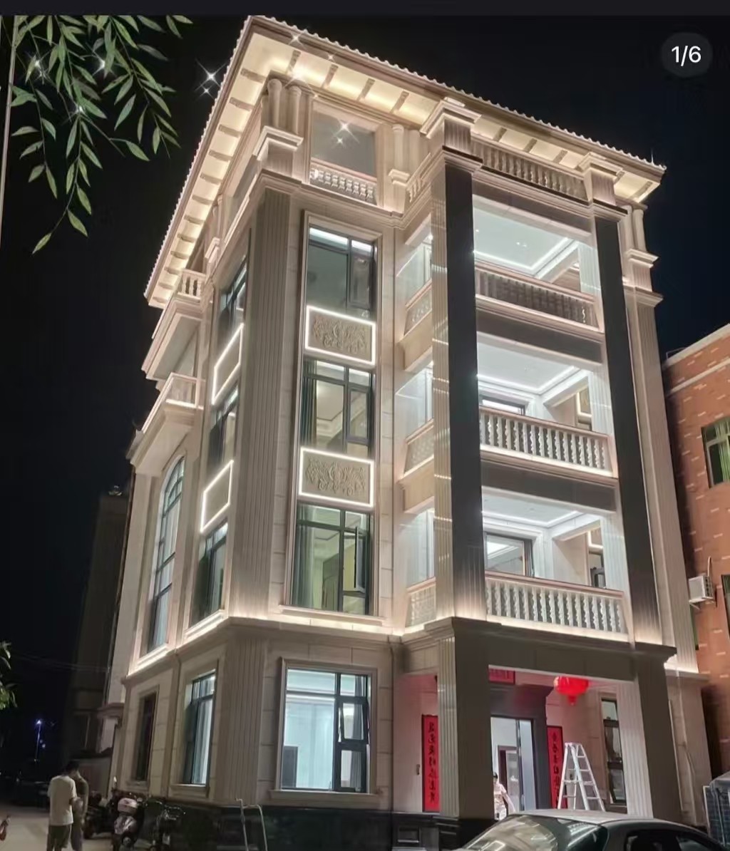 白银 芝麻白花岗岩别墅外墙夜间效果